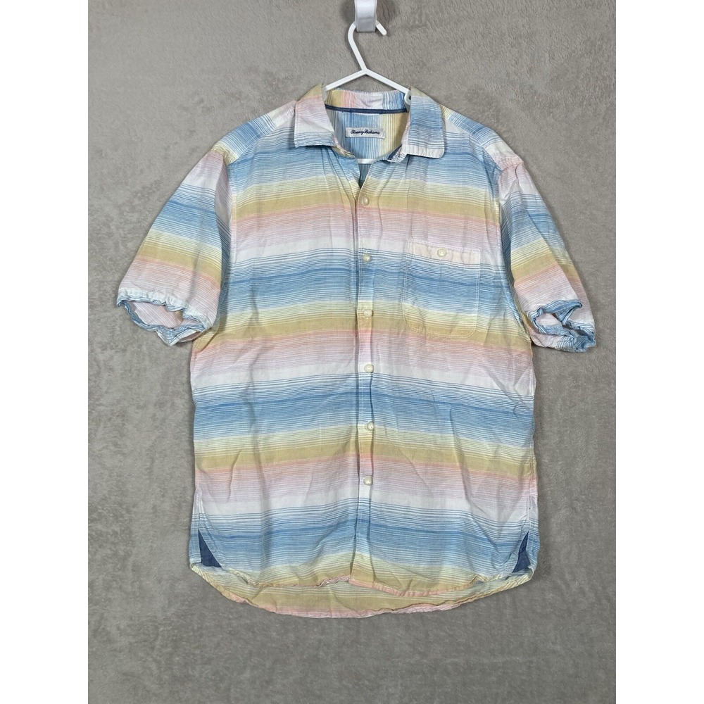 Tommy Bahama Shirt Men Large Blue Yellow Striped Linen Blend Short Sleeve Casual